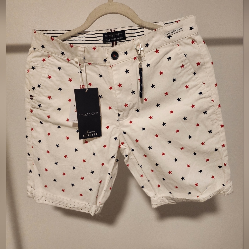Denim & Flower Men's Shorts with Red and Blue Stars